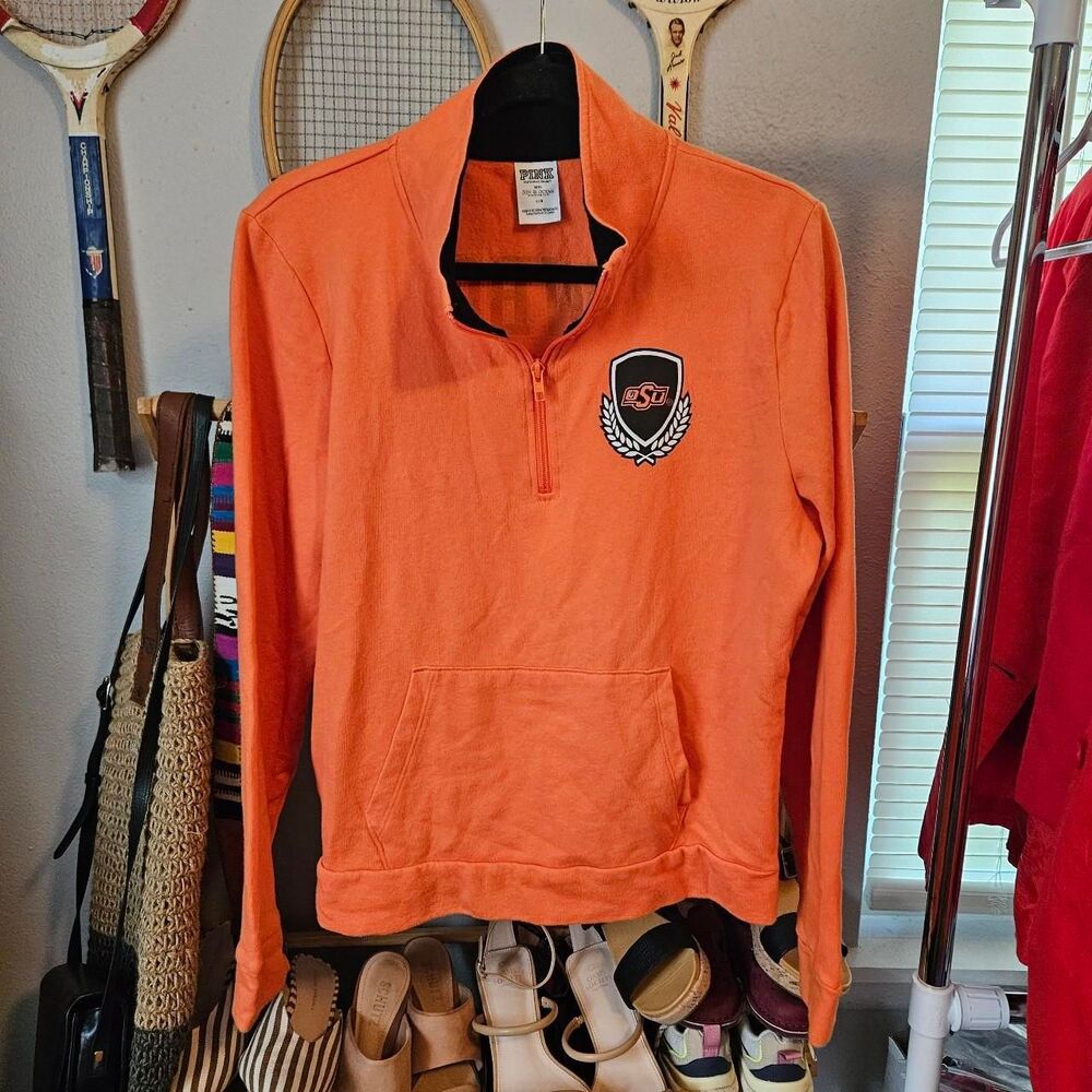 PINK Women's Black & Orange OSU Cowboy's fleece quarter zip Sweatshirt L